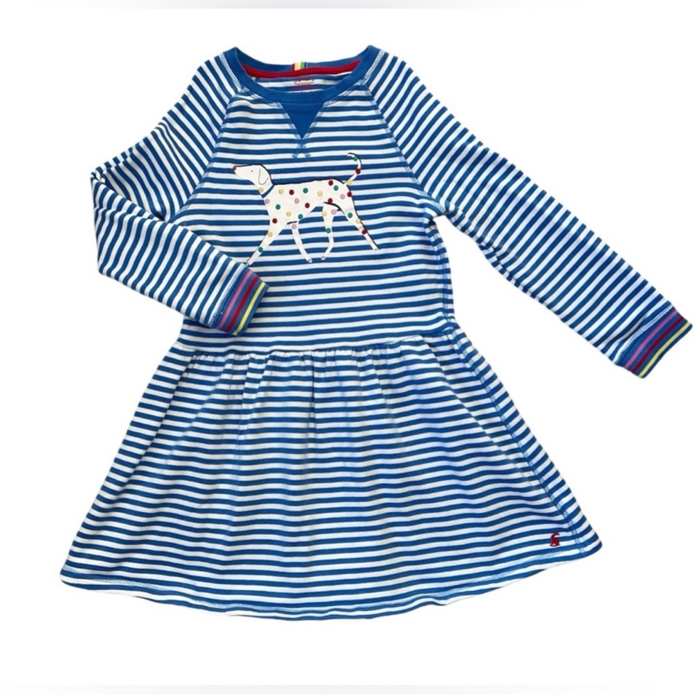 Joules blue and white stripe dress with polka dot dog. Size 5